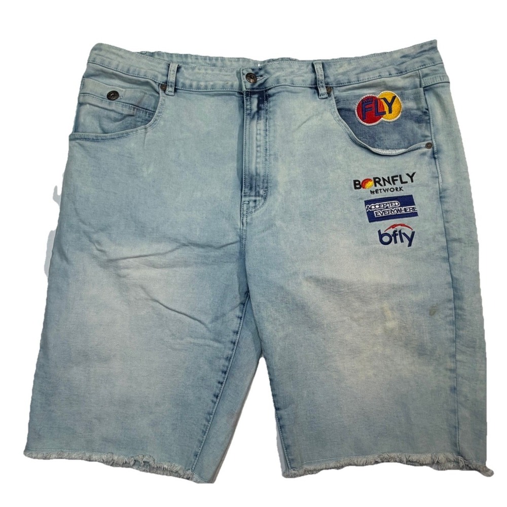 Born Fly Denim Shorts Mens 40 Light Wash Graphic Embroidered Streetwear‎